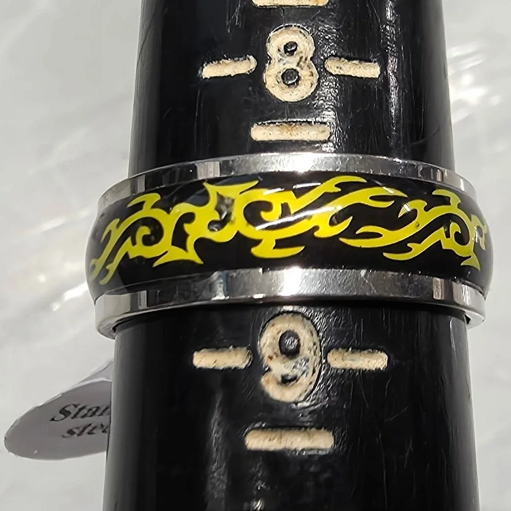 NEW Stainless Steel Tribal Flame Band Ring Size 8.5 Silver Tone Yellow Black